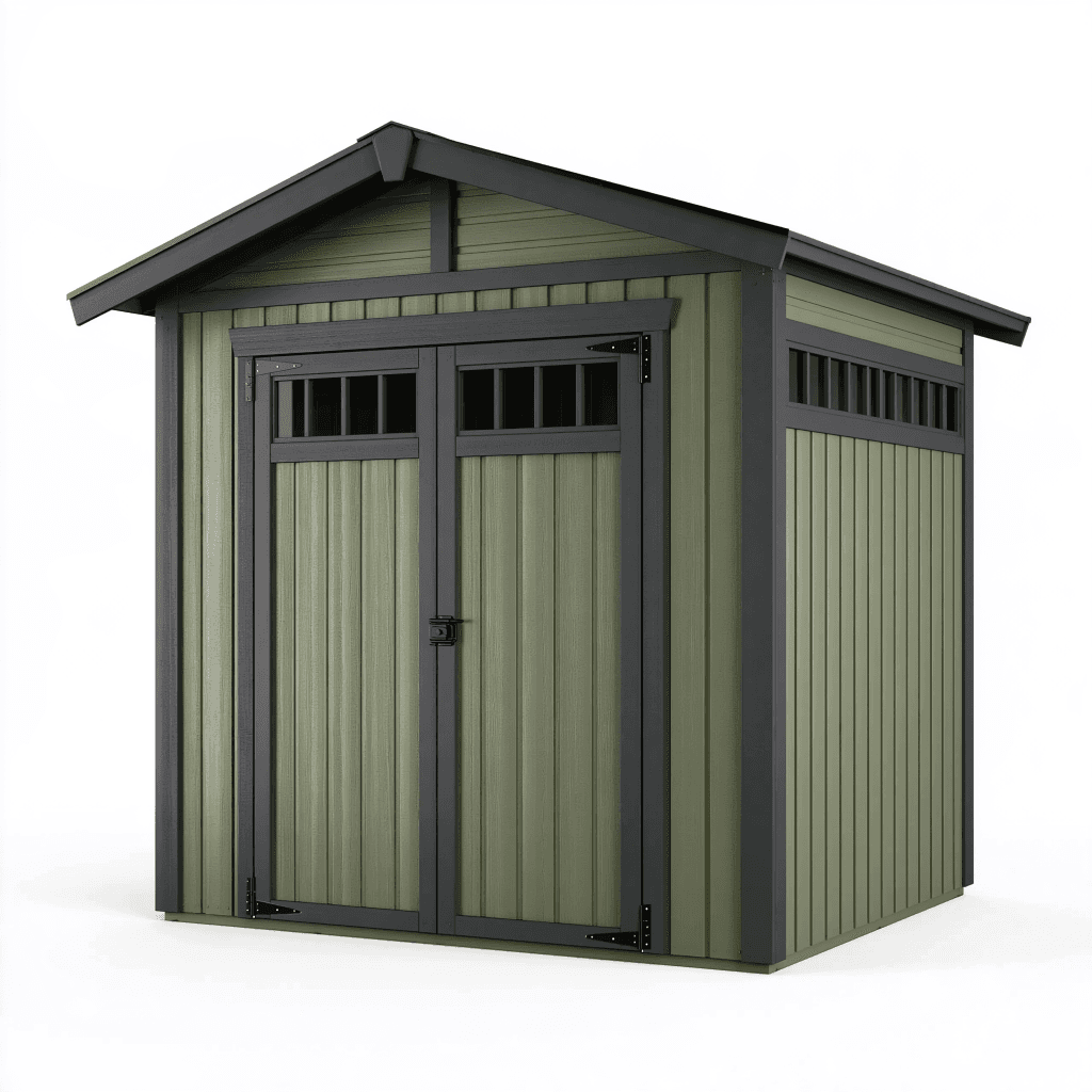 Abri de jardin 180 x 120 x 200 cm en résine vert olive avec double porte