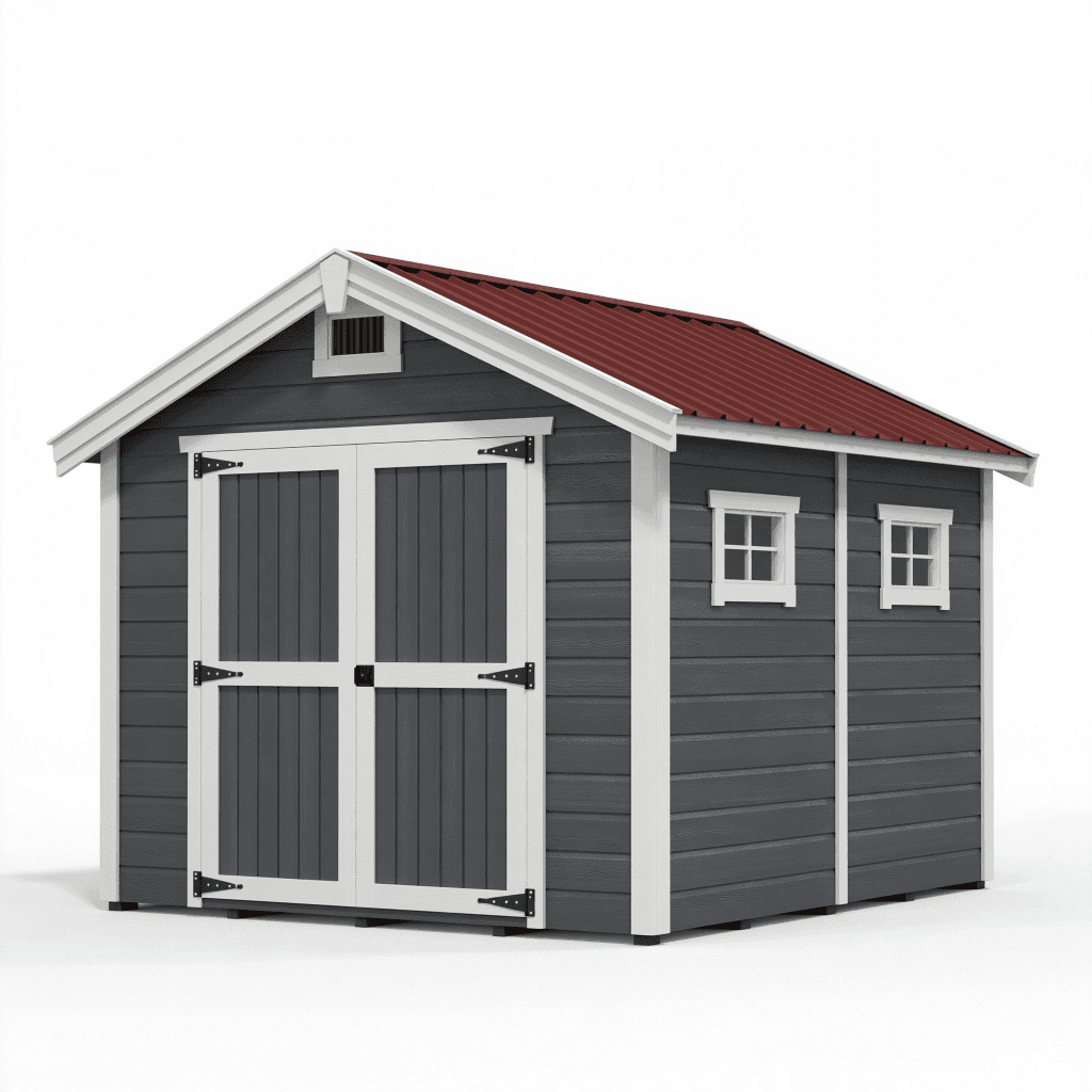 Abri de jardin 300 x 240 x 230 cm en bois gris anthracite avec toit métallique rouge style chalet