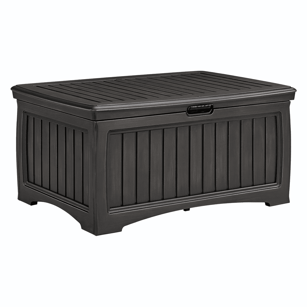 Coffre de rangement extérieur 120 x 60 x 65 cm en plastique noir à couvercle effet bois