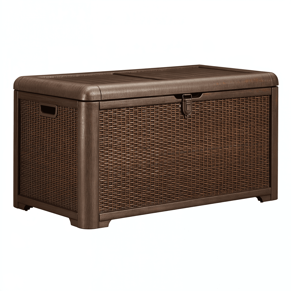 Coffre de rangement 120 x 60 x 65 cm en résine tressée marron pour extérieur avec couvercle