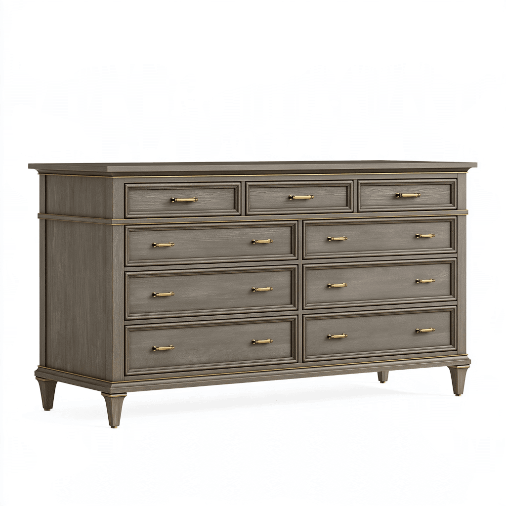 Commode 160 x 45 x 90 cm en bois gris taupe à 9 tiroirs style classique