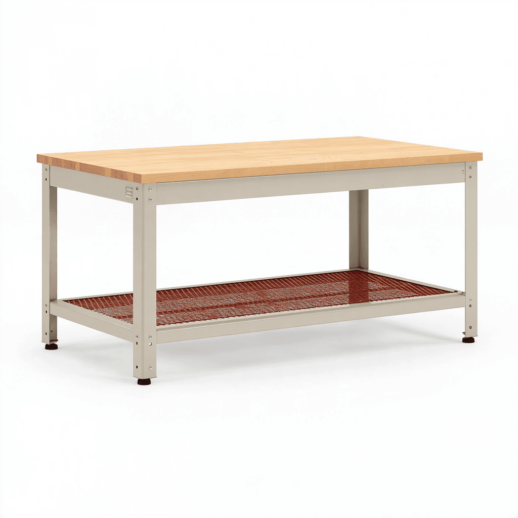 Établi 152 x 61 x 91 cm en bois et acier beige naturel avec étagère grillagée pour atelier