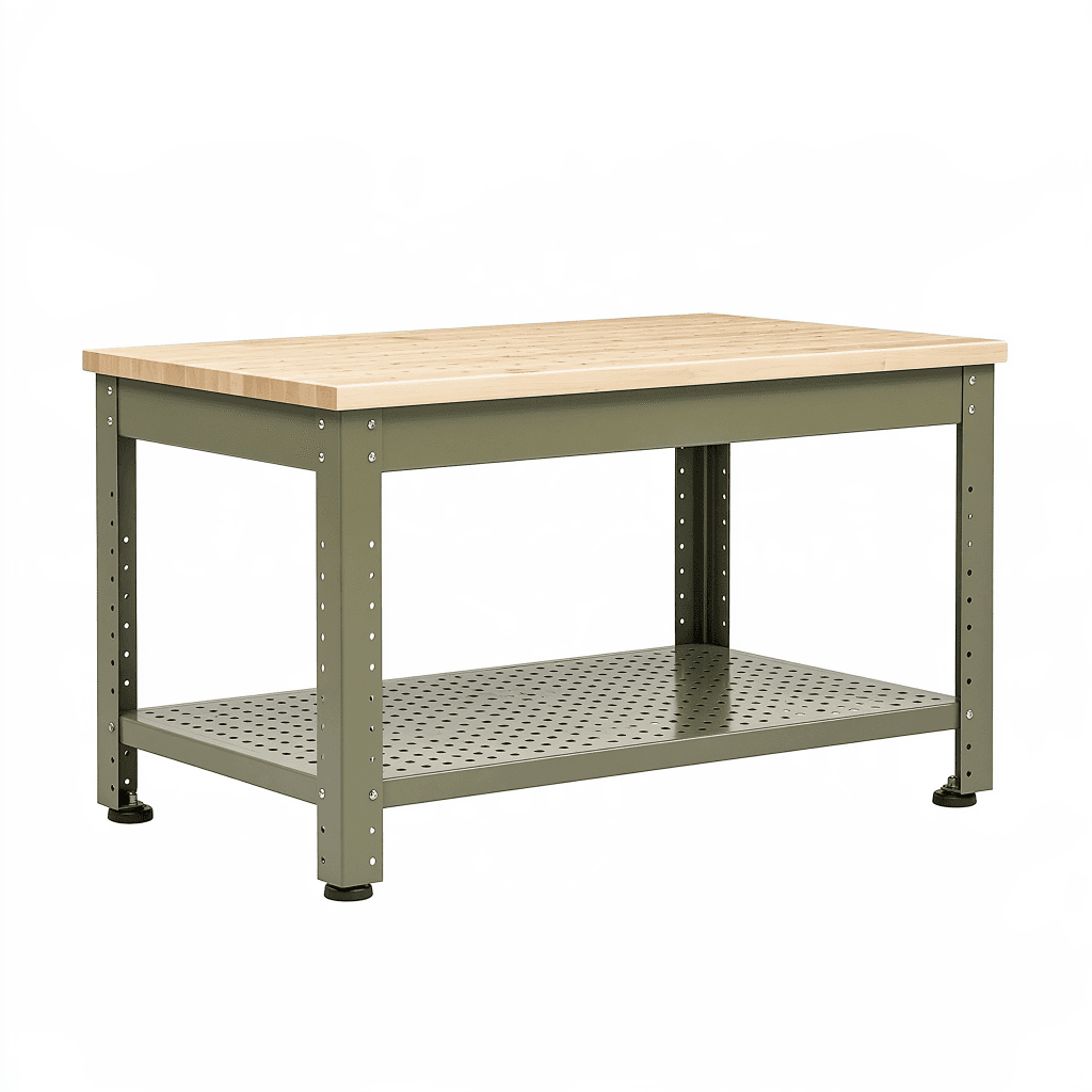 Établi 120 x 60 x 90 cm en bois et acier vert kaki avec étagère perforée réglable