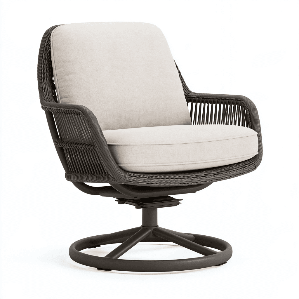 Fauteuil pivotant 85 x 82 x 92 cm en résine tressée gris foncé avec coussins beige pour extérieur
