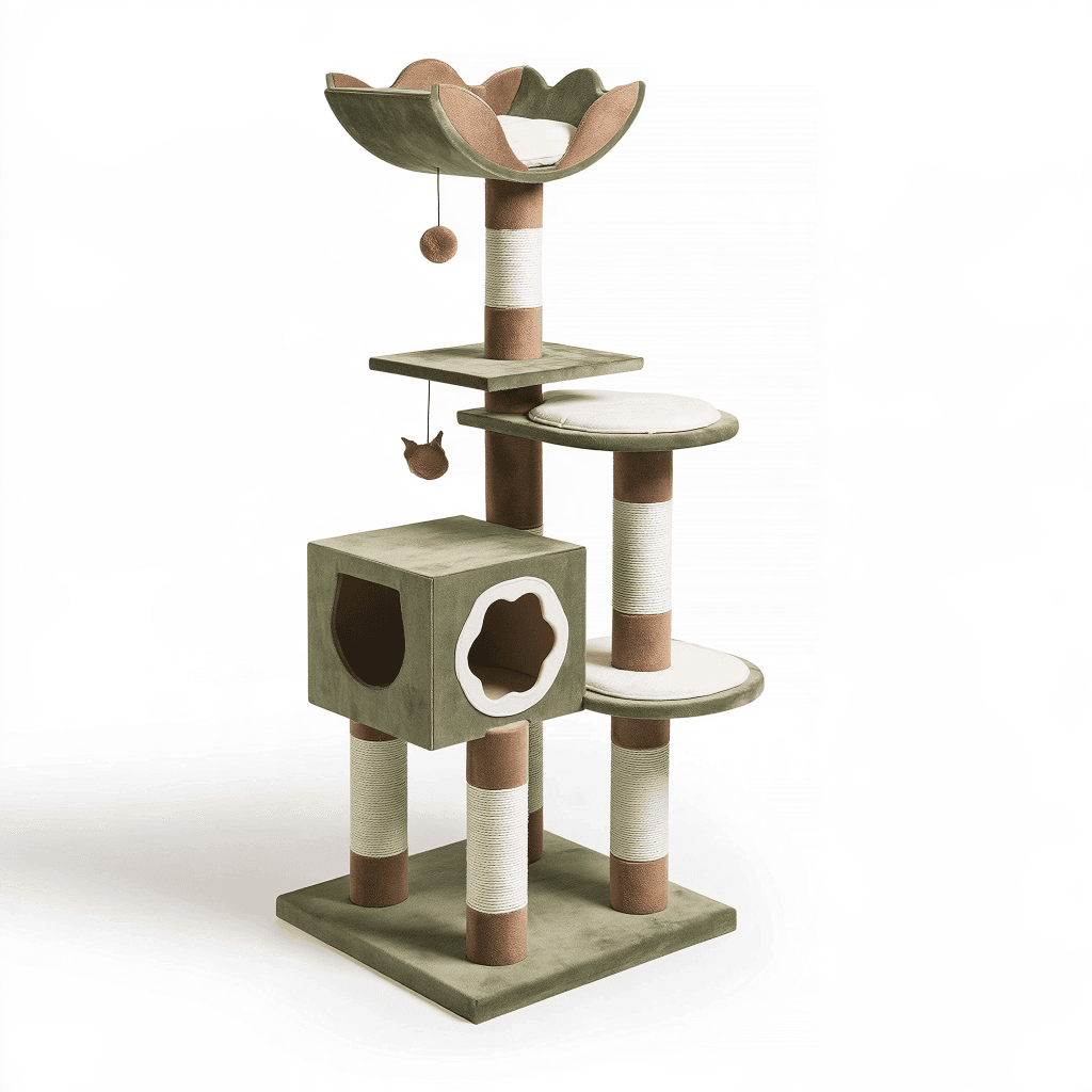 Arbre à chat 60 x 60 x 145 cm vert et beige en textile avec poteaux en sisal et plateformes