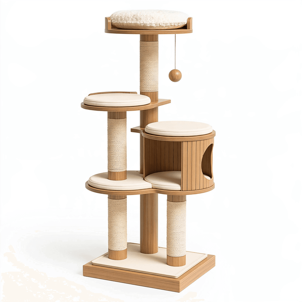 Arbre à chat 60 x 60 x 170 cm en bois naturel et sisal avec plateformes et niche