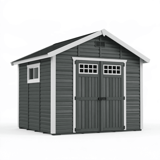 Abri de jardin 300 x 240 x 250 cm en résine gris anthracite avec portes doubles