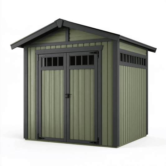 Abri de jardin 180 x 120 x 200 cm en résine vert olive avec double porte