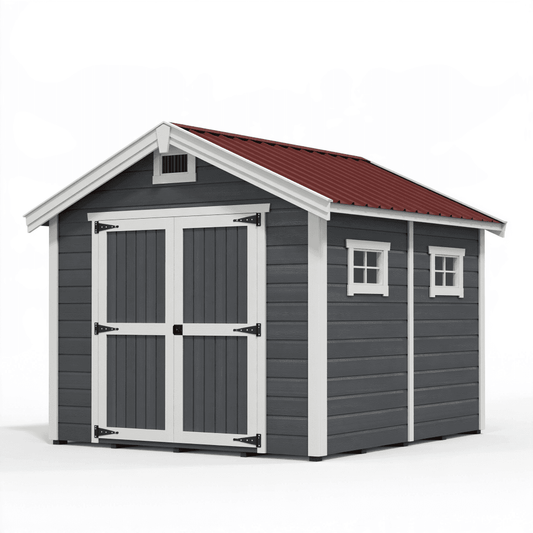 Abri de jardin 300 x 240 x 230 cm en bois gris anthracite avec toit métallique rouge style chalet