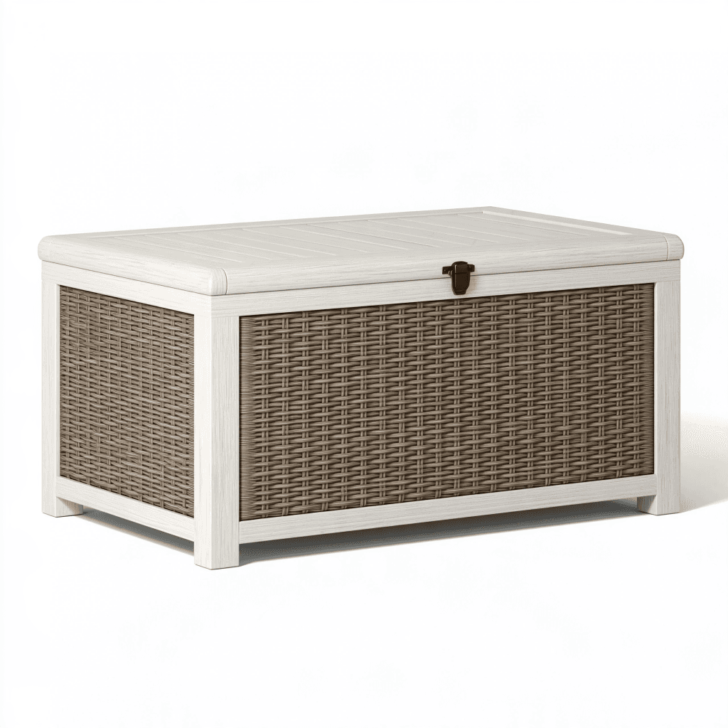 Coffre de rangement 110 x 55 x 60 cm en résine blanc/gris pour extérieur avec couvercle