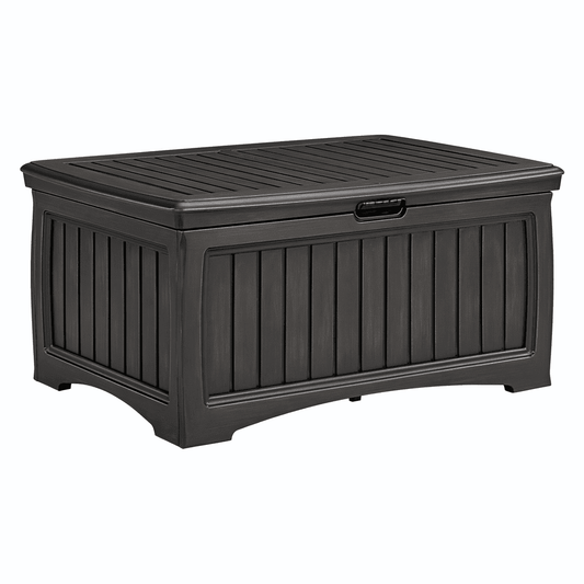 Coffre de rangement extérieur 120 x 60 x 65 cm en plastique noir à couvercle effet bois