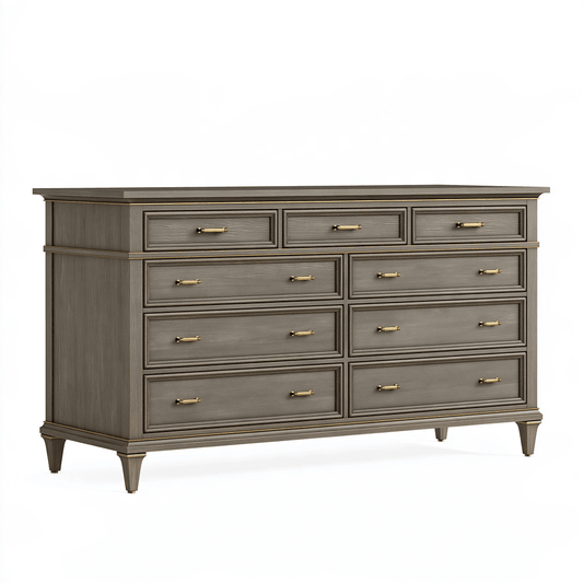 Commode 160 x 45 x 90 cm en bois gris taupe à 9 tiroirs style classique