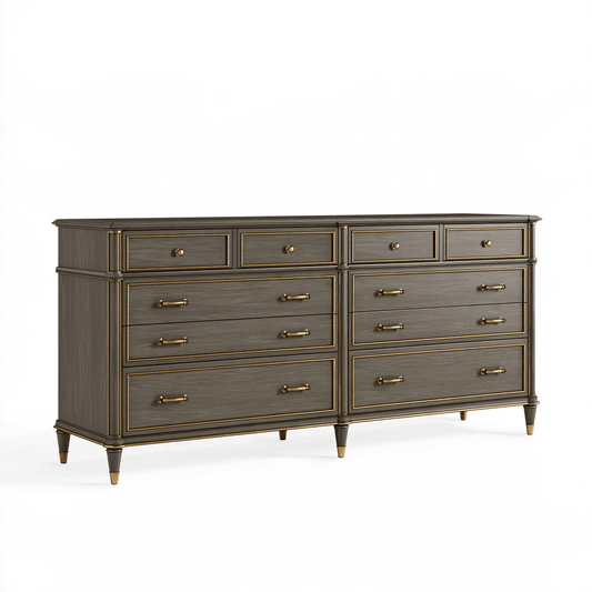 Commode 200 x 50 x 90 cm en bois gris foncé à 10 tiroirs style classique