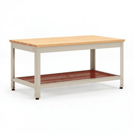Établi 152 x 61 x 91 cm en bois et acier beige naturel avec étagère grillagée pour atelier