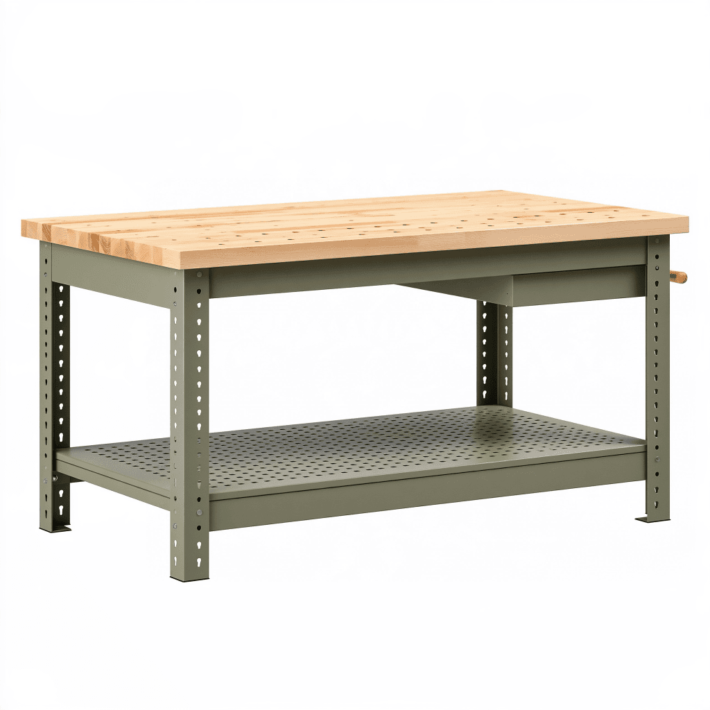 Établi 120 x 60 x 90 cm en bois et acier vert avec tablette perforée réglable