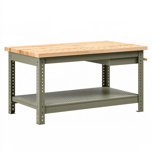 Établi 120 x 60 x 90 cm en bois et acier vert avec tablette perforée réglable