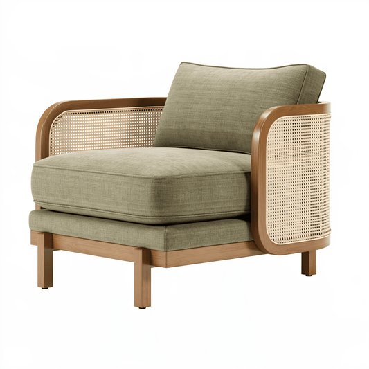 Fauteuil 85 x 78 x 82 cm en bois cannage naturel et tissu vert kaki - style contemporain