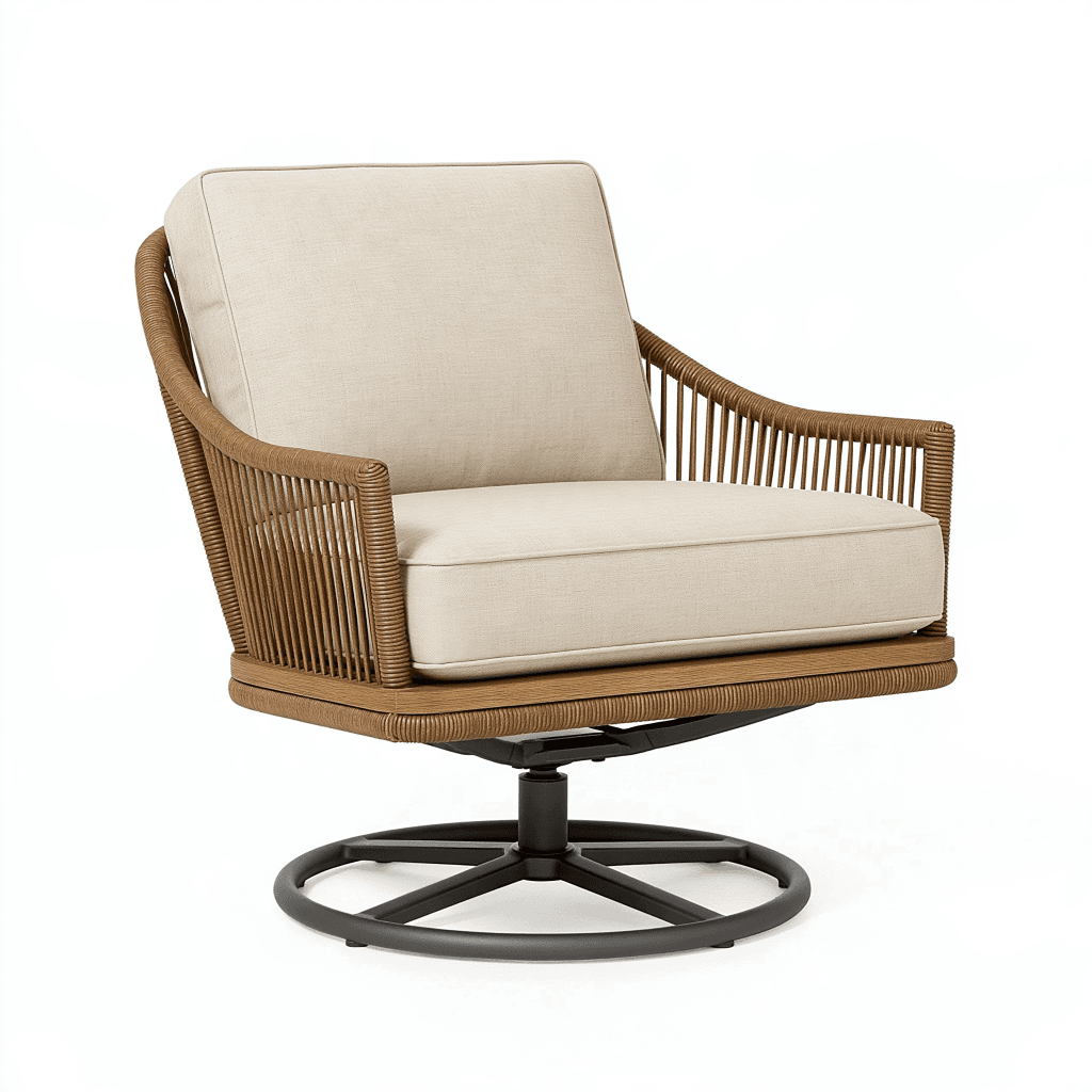 Fauteuil pivotant 82 x 78 x 92 cm en rotin synthétique marron avec coussins beige pour extérieur