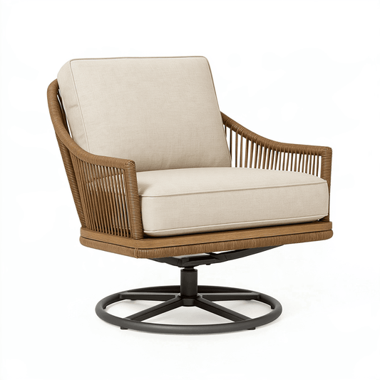 Fauteuil pivotant 82 x 78 x 92 cm en rotin synthétique marron avec coussins beige pour extérieur