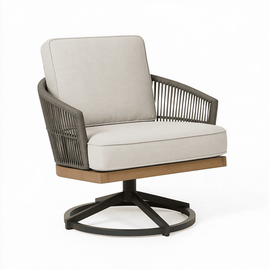 Fauteuil de jardin pivotant 78 x 78 x 88 cm en corde tressée beige et bois