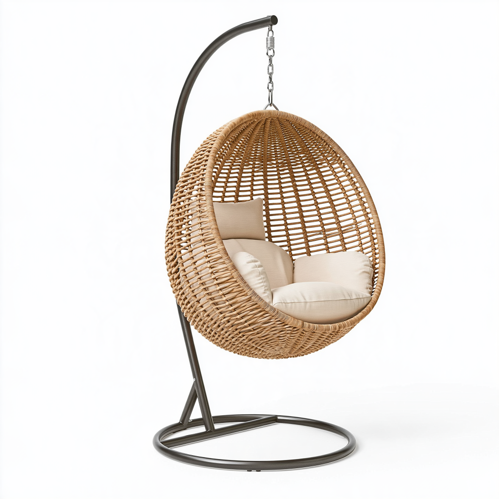 Fauteuil suspendu 105 x 105 x 195 cm en rotin tressé naturel et acier noir pour intérieur style bohème