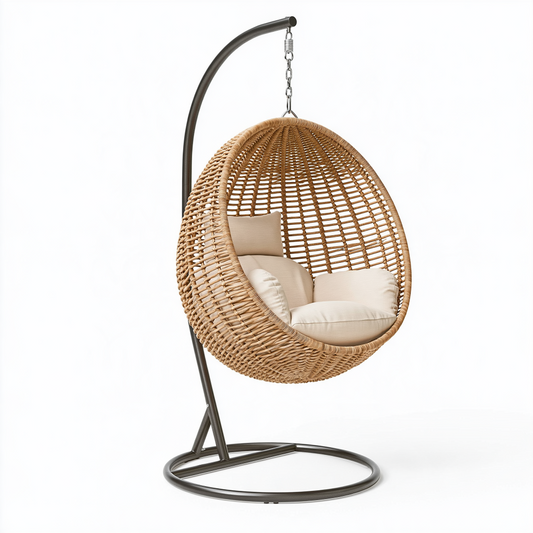 Fauteuil suspendu 105 x 105 x 195 cm en rotin tressé naturel et acier noir pour intérieur style bohème
