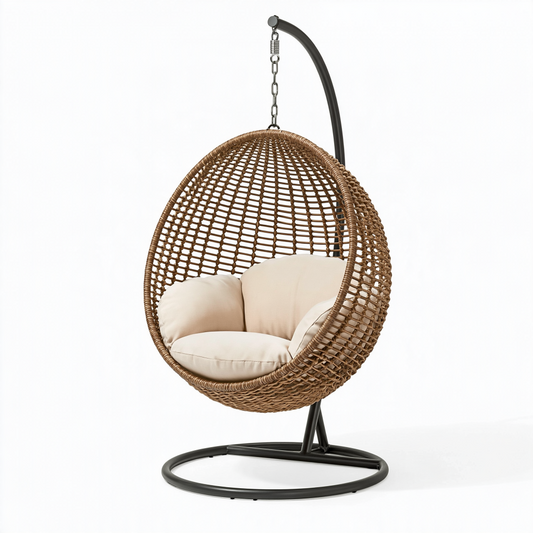 Fauteuil suspendu 105 x 105 x 195 cm en résine tressée marron avec support en métal noir style bohème