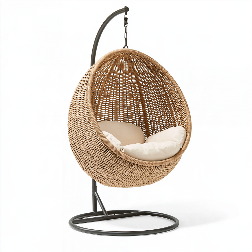 Fauteuil suspendu 110 x 100 x 195 cm en rotin naturel et acier noir style bohème pour intérieur
