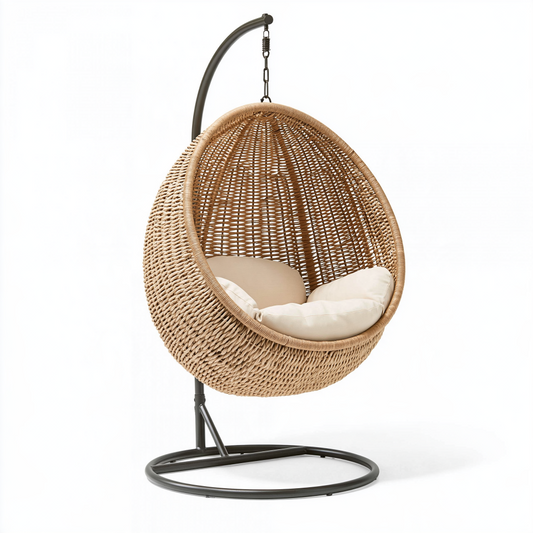Fauteuil suspendu 110 x 100 x 195 cm en rotin naturel et acier noir style bohème pour intérieur