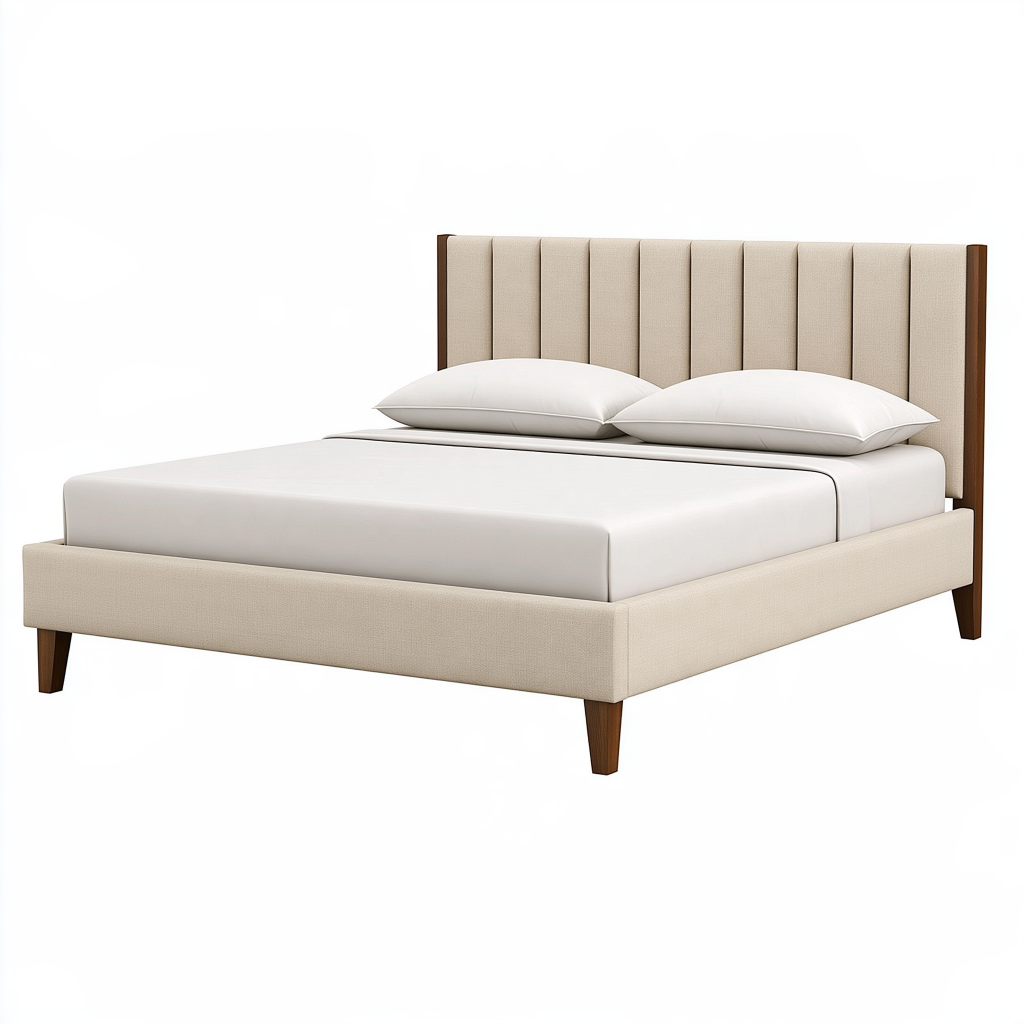 Lit double 160 x 200 cm en tissu beige et bois - tête de lit capitonnée contemporaine