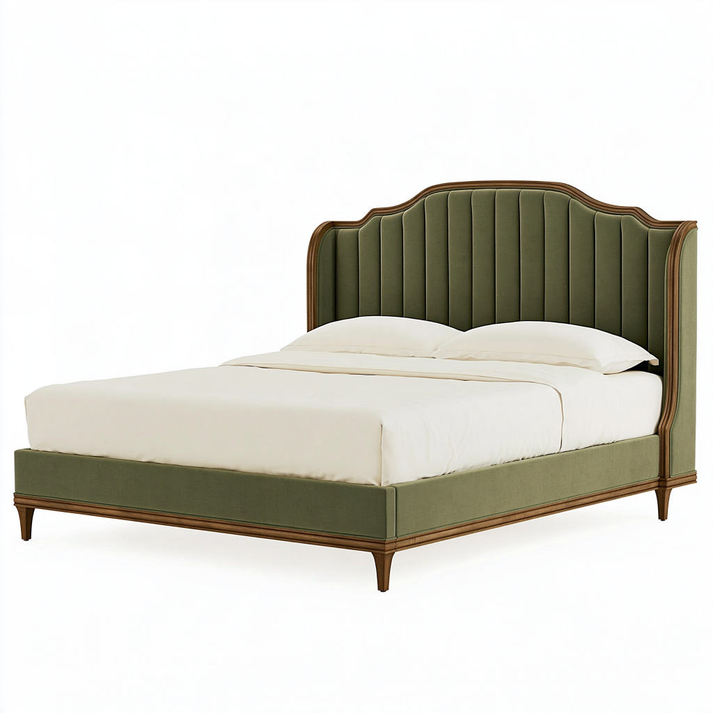 Lit 2 places 160 x 200 cm en tissu vert et bois - style classique capitonné