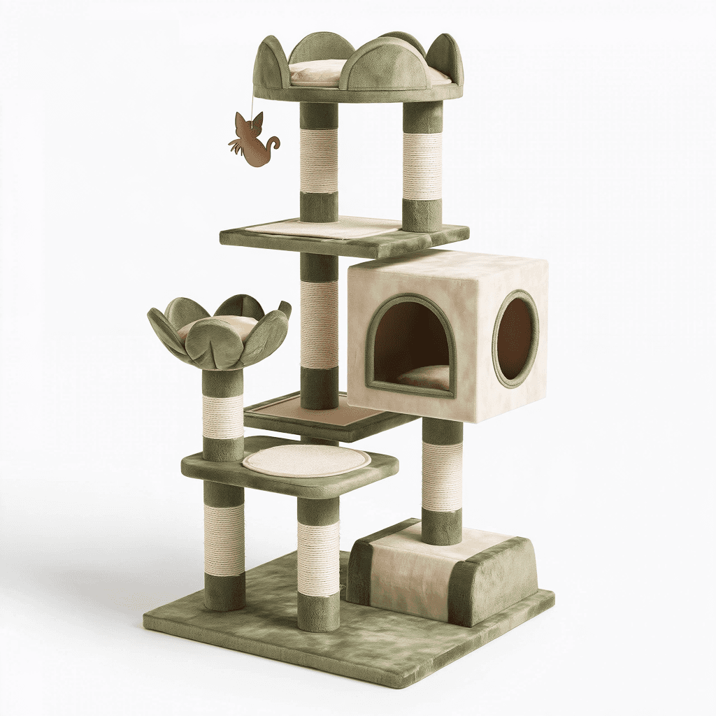 Arbre à chat 60 x 60 x 145 cm en sisal et tissu vert beige avec niches et plateformes