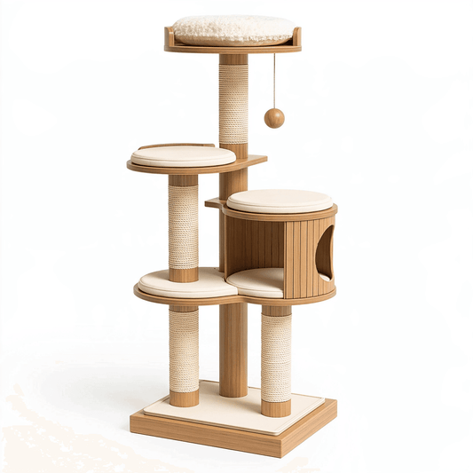 Arbre à chat 60 x 60 x 170 cm en bois naturel et sisal avec plateformes et niche