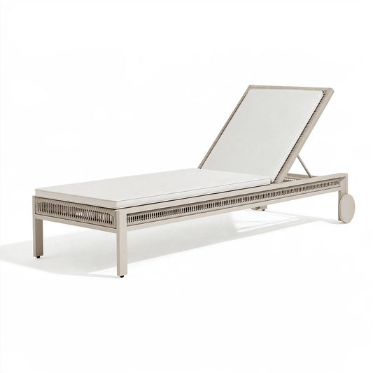 Transat de jardin 200 cm en aluminium beige avec dossier réglable et roulettes