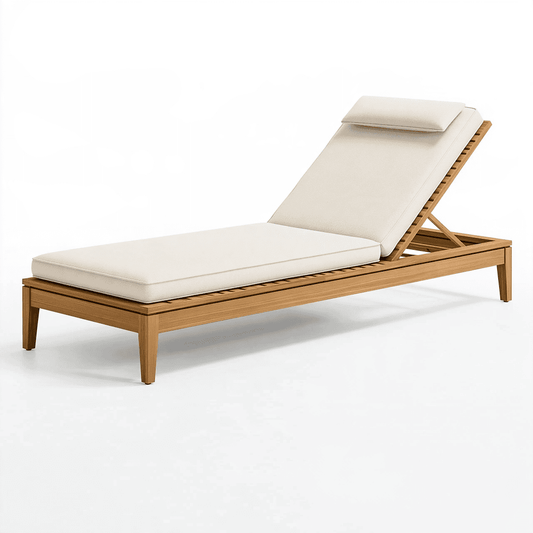 Bain de soleil 200 cm en bois brun avec matelas beige dossier réglable